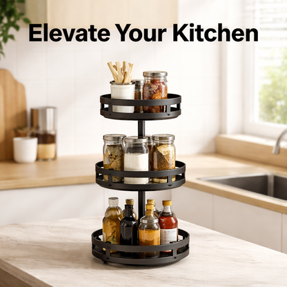 Premium Luxury Rotating Spice Rack — 3-Tier 360° Kitchen Countertop Organizer Shelf — Matte Black Steel Spice Holder Stand for Home Bar Restaurant Commercial Use — Wholesale Supplier