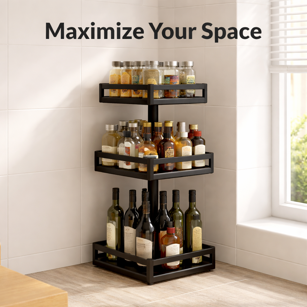 Premium Luxury Rotating Spice Rack — 3-Tier 360° Kitchen Countertop Organizer Shelf — Matte Black Steel Spice Holder Stand for Home Bar Restaurant Commercial Use — Wholesale Supplier