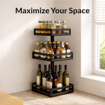 Premium Luxury Rotating Spice Rack — 3-Tier 360° Kitchen Countertop Organizer Shelf — Matte Black Steel Spice Holder Stand for Home Bar Restaurant Commercial Use — Wholesale Supplier